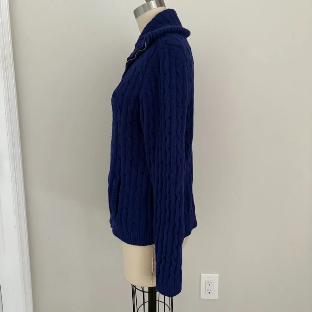 CHAPS Women's Sweater Blue Large Cable Knit Full Zip Up Cotton Grandmacore XL